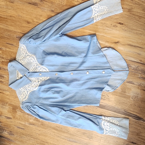 BANJO Dallas Texas Vintage 80s Western Denim Lace Button Up Large - Picture 1 of 6